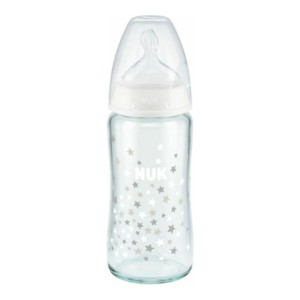 NUK First Choice Plus Γυάλινο Μπιμπερό Λευκό για 0-6m με Δείκτη Ελέγχου Θερμοκρασίας & Μεσαίας Οπής Θηλή Σιλικόνης, 240ml