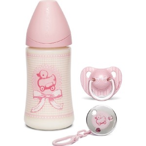 Suavinex Set Μπιμπερό ΡΡ Toys Girls Θηλή Σιλικόνης 270ml, Πιπίλα 0-6m & Clip Πιπίλας 270ml