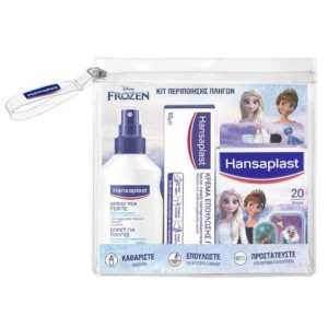 Hansaplast Παιδικό Kit Περιποίησης Πληγών Frozen με Σπρέι Καθαρισμού Πληγών, 1τεμ, Κρέμα Επούλωσης Πληγών 50g, Αυτοκόλλητα Επιθέματα Frozen, 20τεμ & Δώρο Νεσεσέρ, 1τεμ, 1σετ