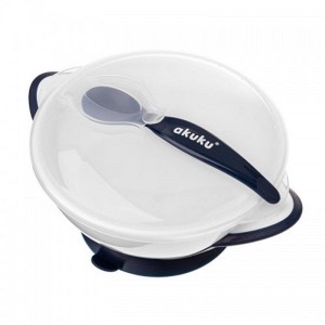  Akuku White/Navy Blue A0503 Φαγητοδοχείο με Βεντούζα & Κουτάλι, 2 τμχ