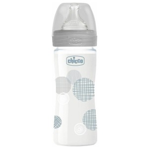 Chicco Well-Being Μπιμπερό Γυάλινο με Θηλή Σιλικόνης Αργής Ροής 0m+, 240ml - Γκρί
