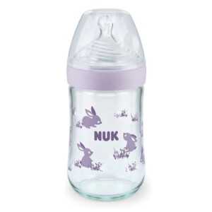 Nuk Nature Sense Γυάλινο Μπιμπερό με Θηλή Σιλικόνης Μεγεθος M 0-6m Μωβ Κουνελάκι, 240ml