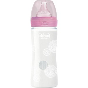 Chicco Well Being Γυάλινο Μπιμπερό Ροζ 240ml ΘΣ Αργή Ροή 0m+ 240ml