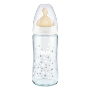 Nuk Γυάλινο Μπιμπερό First Choice Plus Temperature Control κατά των Κολικών με Θηλή Καουτσούκ 0-6m Λευκό, 240ml