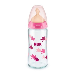 Nuk Γυάλινο Μπιμπερό First Choice Plus Temperature Control κατά των Κολικών, Μπλε Ελεφαντάκια,με Θηλή Καουτσούκ, 0-6m+, 240ml