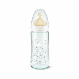 Nuk Γυάλινο Μπιμπερό First Choice Plus Temperature Control κατά των Κολικών, Μπλε Ελεφαντάκια,με Θηλή Καουτσούκ, 0-6m+, 240ml