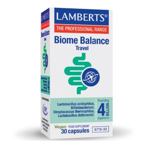 Lamberts Biome Balance Travel 30 caps, Συμπλήρωμα Διατροφής για την Ισορροπία Εντερικού Μικροβιώματος κατά τη Διάρκεια Ταξιδιού, 30 κάψουλες